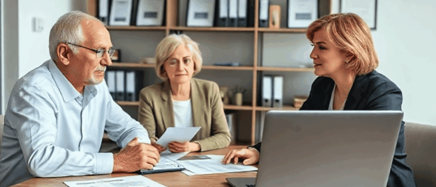 Drei Personen im Beratungsgespräch mit Laptop und Dokumenten – symbolisiert professionelle Finanzberatung zur Berechnung und Mitnahme von Altersrückstellungen in der privaten Krankenversicherung (PKV).