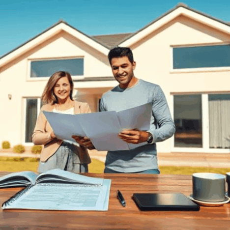 Ratgeber Baufinanzierung - Zwei Personen stehen vor einem modernen Haus und betrachten Baupläne; auf dem Tisch liegen Tablet, Unterlagen und Kaffeetassen – symbolisiert Beratung und Planung im Rahmen einer Baufinanzierung.