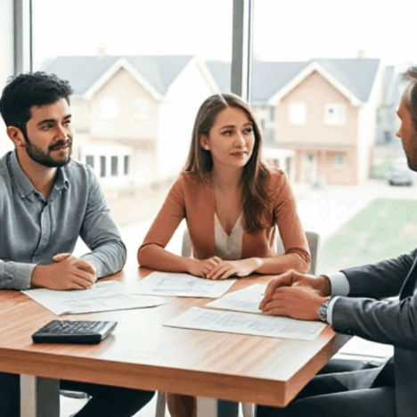 Junges Paar beim Beratungsgespräch für Baufinanzierung ohne Eigenkapital mit Bankberater im Büro