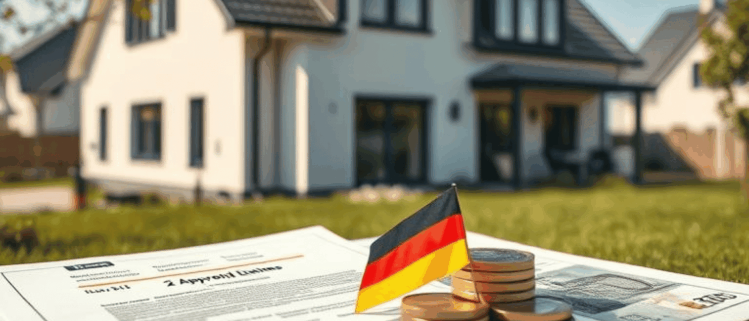 Deutsche Baufinanzierung Fördermittel: Münzen mit Deutschland-Flagge vor modernen Einfamilienhäusern und Finanzierungsdokumenten