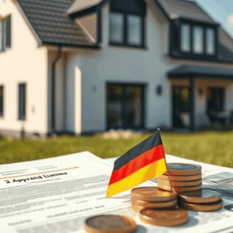 Deutsche Baufinanzierung Fördermittel: Münzen mit Deutschland-Flagge vor modernen Einfamilienhäusern und Finanzierungsdokumenten