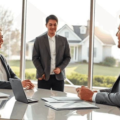 Unabhängiger Baufinanzierungsberater im Beratungsgespräch mit Kunden vor Traumhaus
