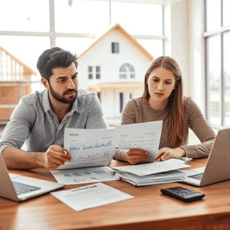 Die 10 größten Fehler bei der Baufinanzierung – und wie Sie sie vermeiden: Paar plant Baufinanzierung mit Finanzunterlagen und Hausmodell
